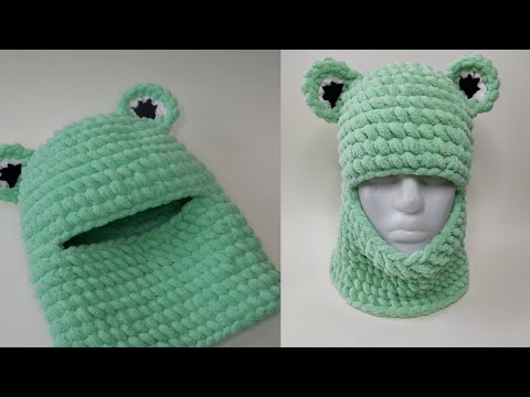 Видео: Модная плюшевая шапка - балаклава крючком.