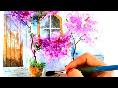 Видео: Как да нарисуваме Къща с богамбилия с акварел
