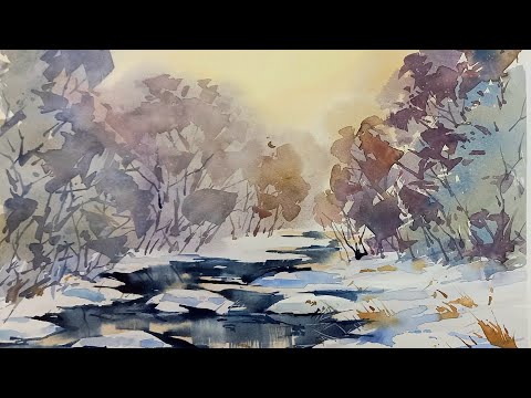 Видео: Ручей в зимнем лесу, живой мастер-класс по акварели