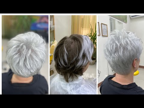 Видео: Серый платиновый блонд на коротких волосах, без притемнения корня Обесцвечивание волос черной пастой