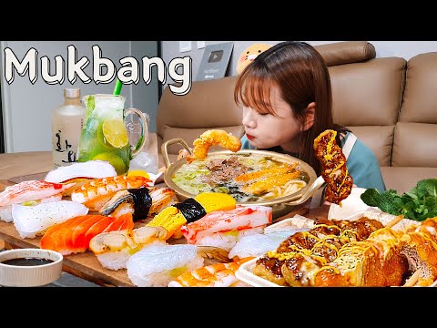 Видео: Sub)Real Mukbang- Пульгоги и жареные креветки Суши Удоно 🍣 Куриные шашлычки 🍢 Коктейль Мохито🍸 ASMR