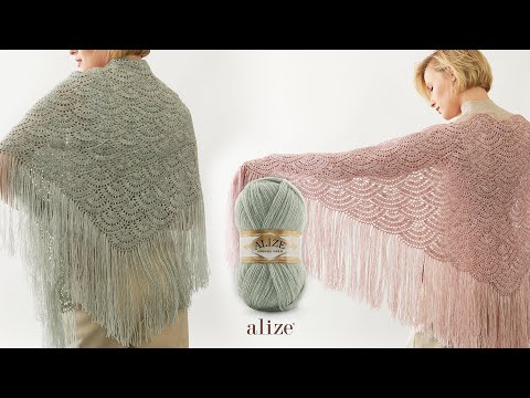 Видео: Вязаная крючком гигантская ракушечная шаль с пряжей Alize Angora Gold