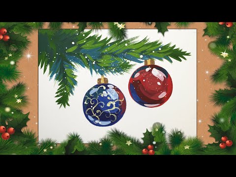 Видео: Ёлочные игрушки. Новогодний шар. Рисунок к новому году. Гуашь. Рисование. New Year. Drawing.