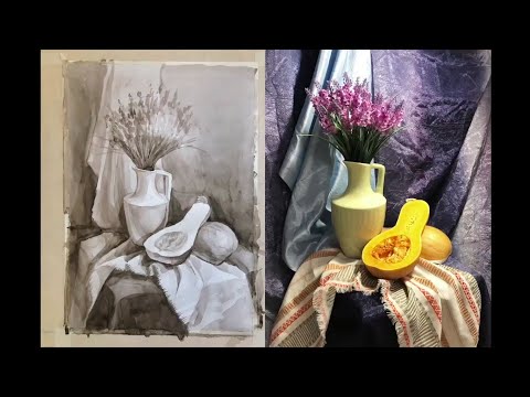 Видео: Натюрморт Гризайль (лессировки) 1 шаг к акварели - Костромина Татьяна Александровна