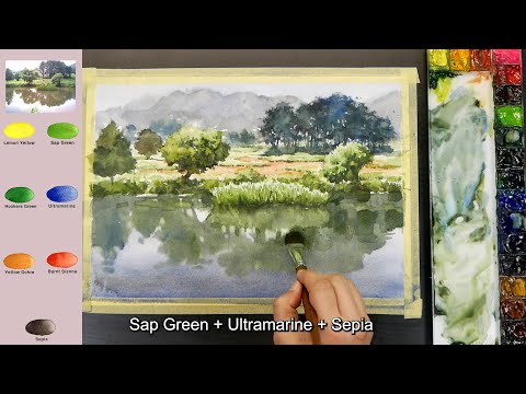 Видео: Без эскиза Пейзаж Акварелью - Озерный пейзаж (скорость 2X, просмотр названия цвета)