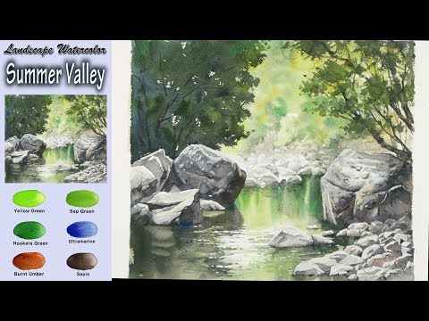 Видео: Летняя долина - пейзаж акварель (Arches rough. wet-in-wet) NAMIL ART