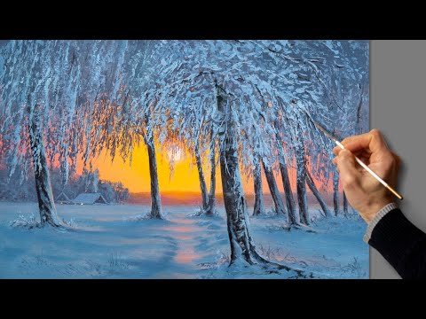 Видео: Acrylic Landscape Painting - Winter Sunset / Easy Art / Зимний пейзаж. Рисование акрилом. Живопись