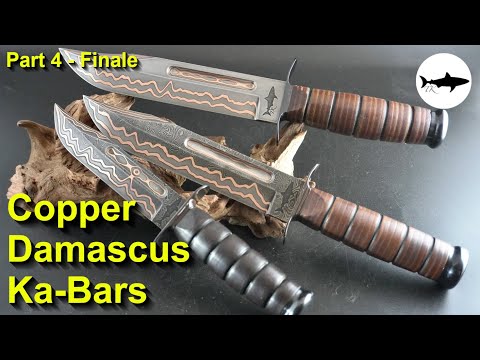 Видео: Изготовление трех медных дамасских ножей Ka-Bar - Часть 4 - Финал