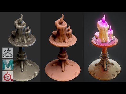 Видео: Zbrush 2019 , Maya, Painter - Стилизованные свечи на столе
