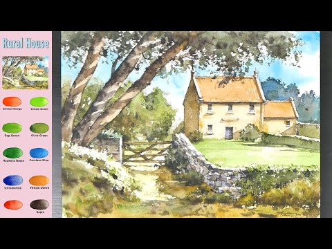 Видео: Пейзаж Акварель -  Сельский дом  (эскиз и  смешение цветов)