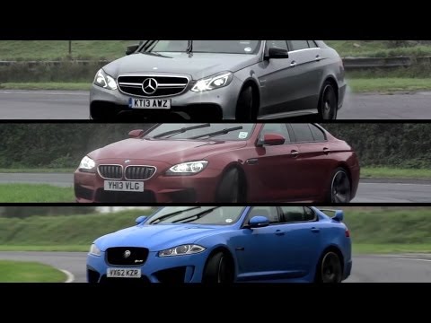 Видео: Mercedes-Benz E63 AMG S против BMW M6 Gran Coupe против Jaguar XFR-S - /КРИС ХАРРИС НА МАШИНАХ