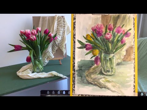 Видео: 💐 Не спеша рисую натюрморт с тюльпанами 🎨 Тренируюсь рисовать акварелью 💖