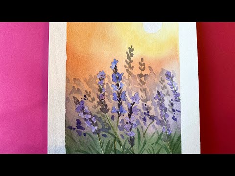 Видео: Поле с лавандой на фоне заката. Поэтапное рисование акварелью