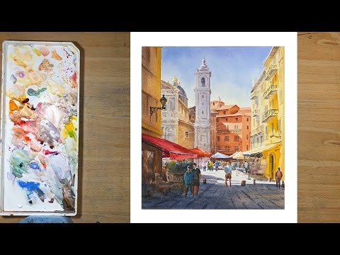 Видео: Как нарисовать уличный пейзаж акварелью.