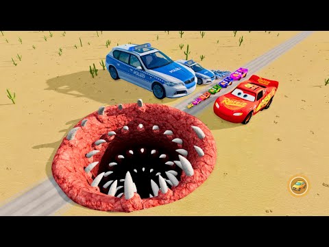 Видео: Большой и маленький Молния Маккуин, полицейская машина против гигантского монстра-рта – BeamNG.drive