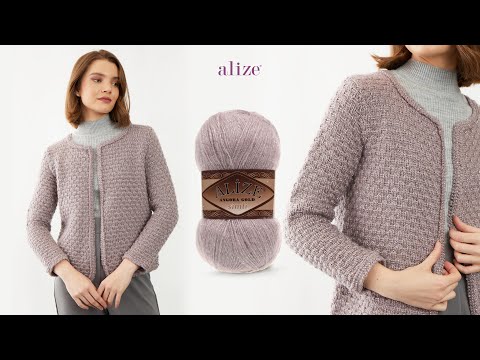 Видео: Современный кардиган с заколкой на шнурке и пряжей Alize Angora Gold Simli