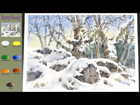 Видео: Без эскиза  Пейзаж Акварель -  Снежный пейзаж (просмотр имени цвета,  акварельный материал)