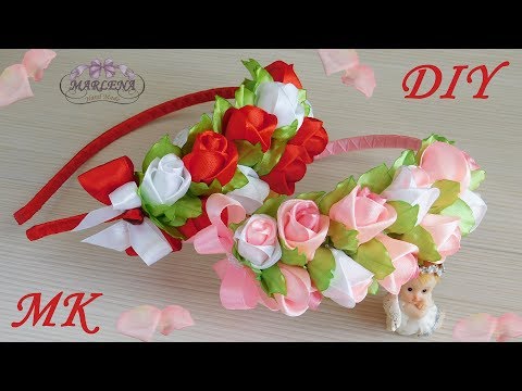 Видео: Ободок с розами 🌹 и бантиком. Роза канзаши МК/DIY 👐