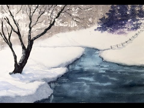 Видео: Зима Акварелью с интересной техникой! Winter Riverbank in watercolour