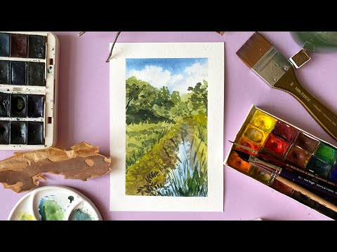 Видео: Пейзаж акварелью с речкой и кустарником. Рисуем лето поэтапно