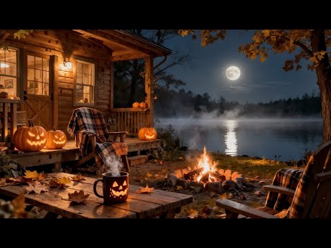 Видео: Расслабляющий фортепианный джаз и звуки камина 🎃 Уютная веранда на Хэллоуин у осеннего озера