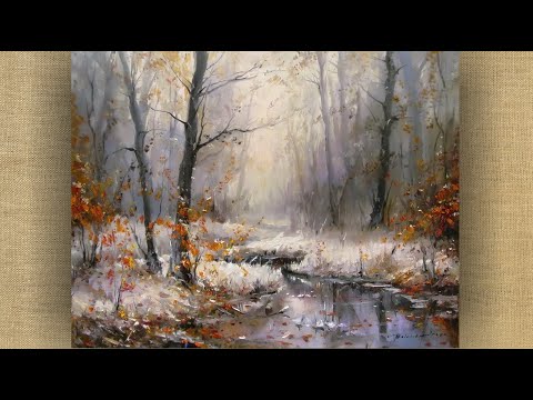 Видео: НОЯБРЬ. Яркое на сером! Осенний ПЕЙЗАЖ МАСЛОМ с ПЕРВЫМ СНЕГОМ. Картина за 60 минут.  Простая техника