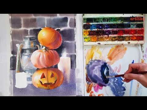 Видео: КАК НАРИСОВАТЬ ТЫКВУ акварелью на Хэллоуин | Урок акварели для начинающих | школа Артилайк