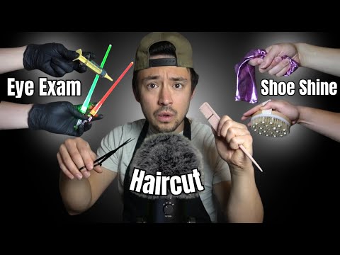 Видео: 3 быстрые ролевые игры ASMR | ASMR-ролевые игры «Стрижка», «Осмотр глаз» и «Чистка обуви»