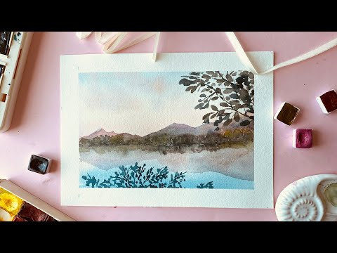 Видео: Как легко нарисовать летний пейзаж с горным озером акварелью