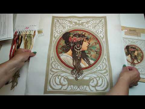 Видео: Готовая вышивка Lanarte #34984 "Брюнетка"(Mucha-Brunette), Альфонс Муха