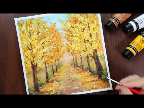 Видео: Дорога из дерева гинкго 🍂🍁/ Простая роспись акрилом для начинающих / Учебник по рисованию