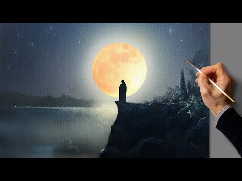 Видео: Acrylic Landscape Painting - Full Moon / Easy Art / Ночной пейзаж акрилом. Уроки рисования. Живопись
