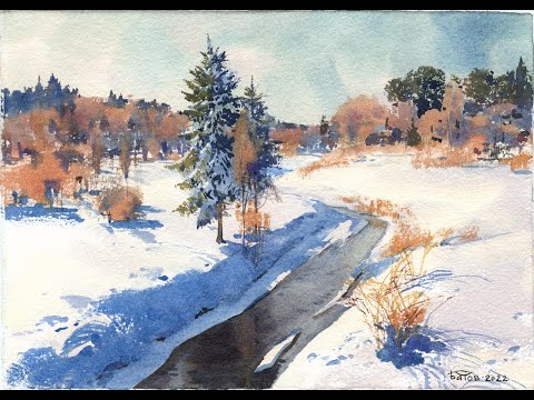 Видео: 20220106 Зимний пейзаж акварелью. Watercolor winter landscape