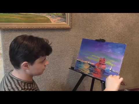 Видео: Живопись маслом. Необычная техника живописи. Салют, корабль, пейзаж