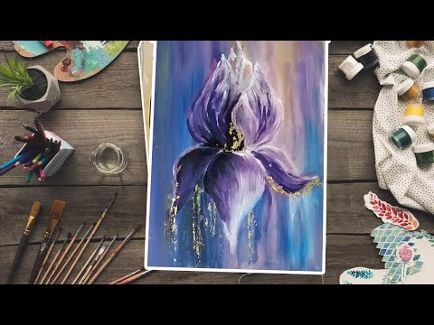 Видео: Рисуем интерьерную картину ИРИС  акриловыми красками с хлопьями потали- пошаговый видео-урок