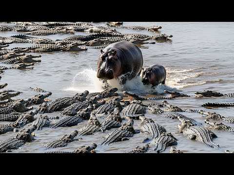 Видео: Бегемотик пойман! Десятки крокодилов атакуют одновременно!