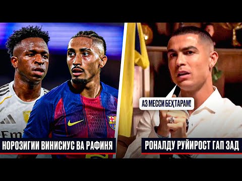 Видео: СУХАНҲОИ РОНАЛДУ ЗИДДИ МЕССИ ВА ҶОИЗАҲОЯШ | НОРОЗИГИИ ВИНИСИУС ВА РАФИНЯ
