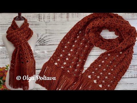 Видео: Ажурный шарф крючком, подходит для начинающих, повторение в два ряда