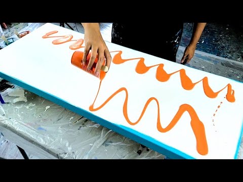 Видео: "В движении" ~ Акриловая жидкость Art оранжевого, бирюзового и бронзового цветов - Техника перья