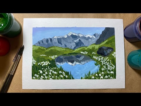 Видео: Весенний пейзаж, горы и подснежники. Как нарисовать весну гуашью | Уроки рисования