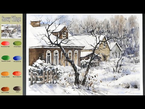 Видео: Зима  Пейзаж Акварель -  Снежная деревня  (эскиз и  вид смешения цветов)