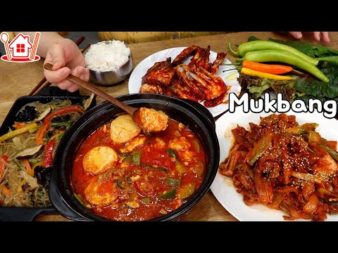 Видео: Couple  Mukbang│Готовьте и ешьте корейскую домашнюю еду. Чапче, Чеюкбоккеум, Сундубу и т. Д.