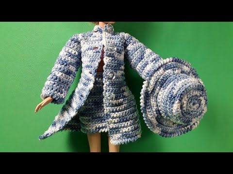 Видео: Межсезонье. Пальто, шляпка и юбка для барби. Рукав-реглан. Crochet Barbie