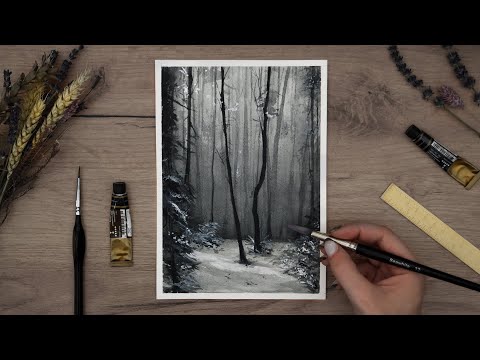 Видео: Простая акварель Холодный лес ★ Урок по монохромной акварели для начинающих