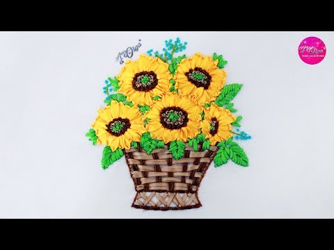 Видео: Вышивка лентой: корзина подсолнухов - шаг за шагом