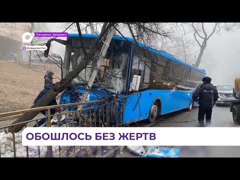 Видео: Во Владивостоке пассажирский автобус снёс металлический забор, столб освещения и врезался в дерево