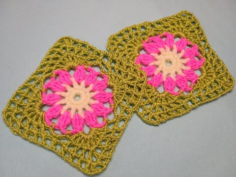 Видео: Квадратный мотив крючком с цветком. Крючок для начинающих.