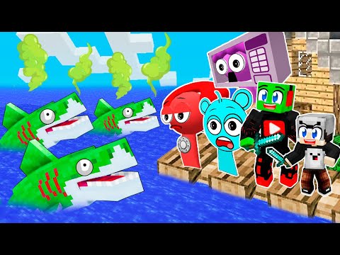 Видео: ПЫТАЕМСЯ ВЫЖИТЬ на ПЛОТУ со СПРУНКАМИ против ЗОМБИ АКУЛ в МАЙНКРАФТ