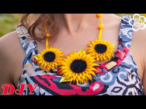 Видео: Колье из цветов Канзаши / Подсолнухи канзаши / Мастер класс