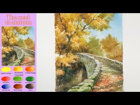 Видео: Пейзаж Акварель - Дорога к осени (wer-in-wet, Arches rough)NAMIL ART
